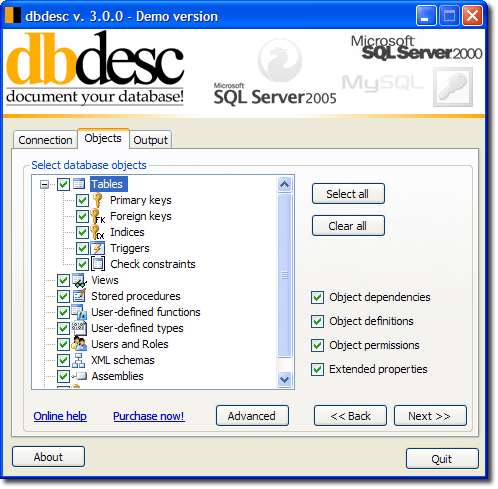 dbdesc gui object selection screenshot