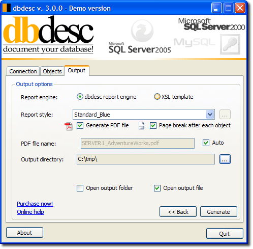 dbdesc gui output options screenshot